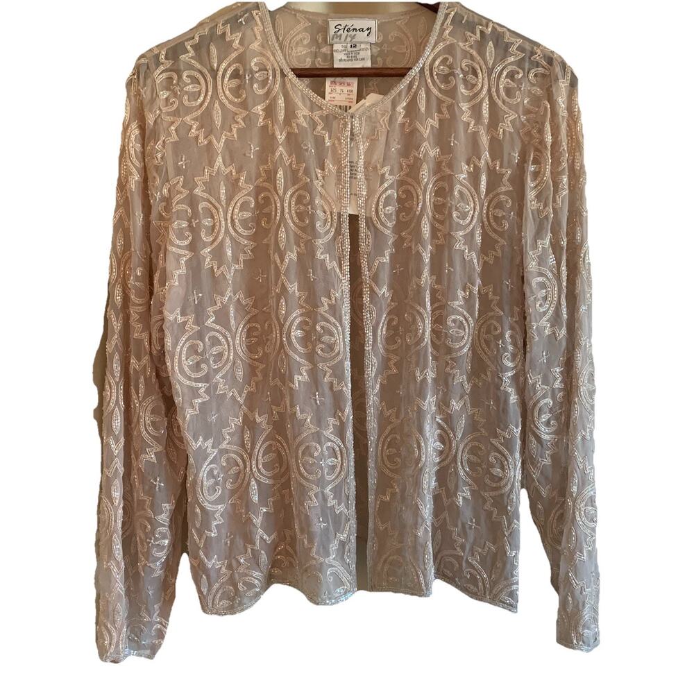 Vintage Stenay Formal Beige Beaded Silk Sheer Jacket Sz 12 Elegant Art Deco